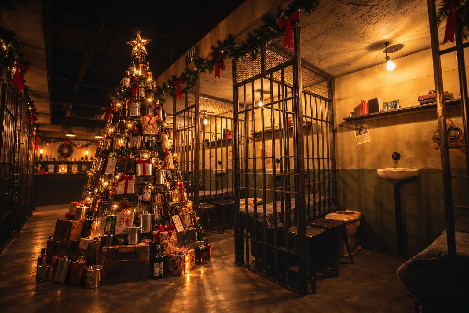 Christmas concept: a tree of confiscated bottles and parcels inside a warmly lit Alcotraz cell block.